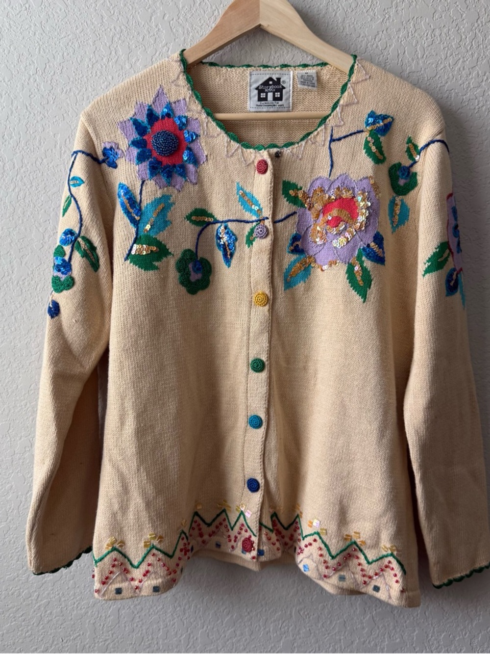 Vintage Storybook Knits Cream Floral Embroidered Beaded Button Cardigan